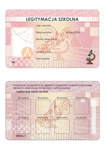 Legitymacja szkolna MEN-I/1 – wzór awersu i rewersu dokumentu